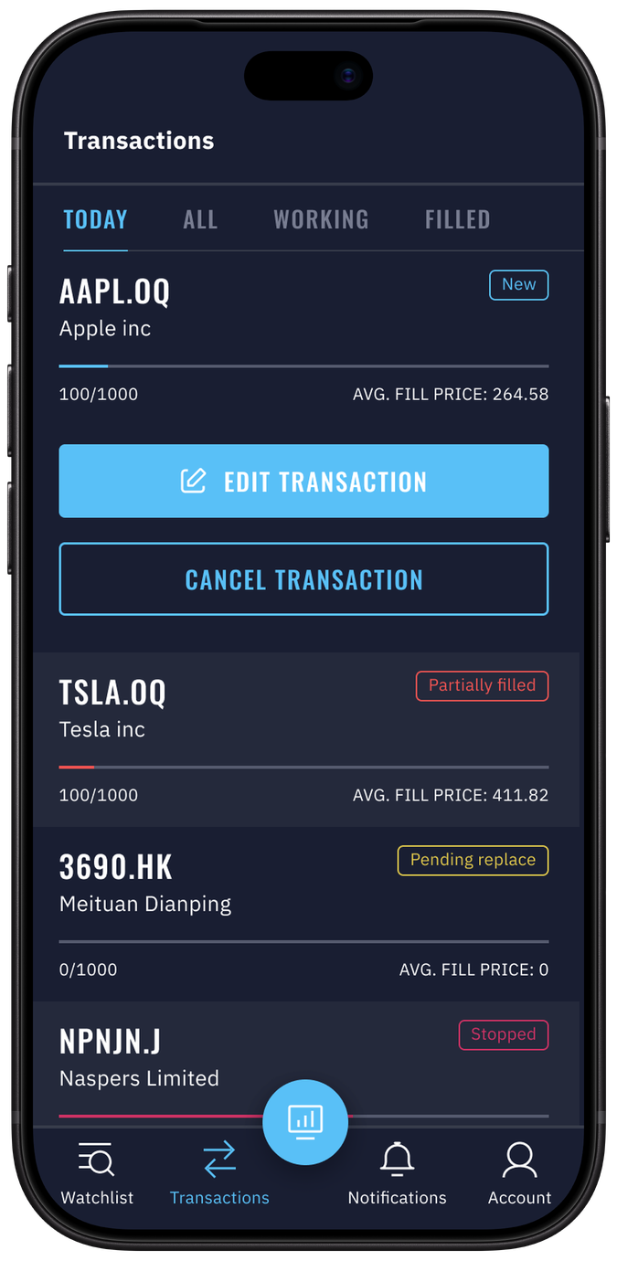 The Omnitrade app on an iPhone, showing today's transactions